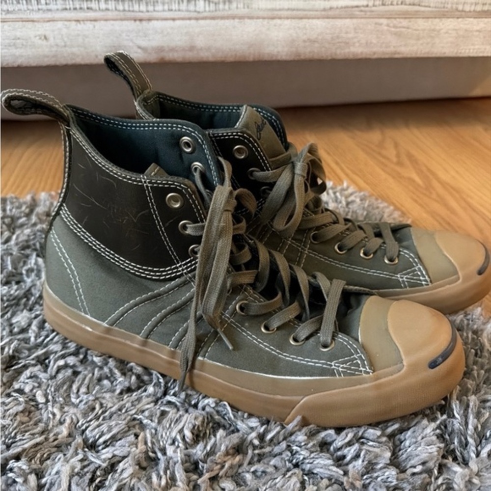 MEN'S CONVERSE JACK PURCELL DUCK MID OLIVE GREEN/BLACK, LEATHER/CANVAS SIZE 8.5